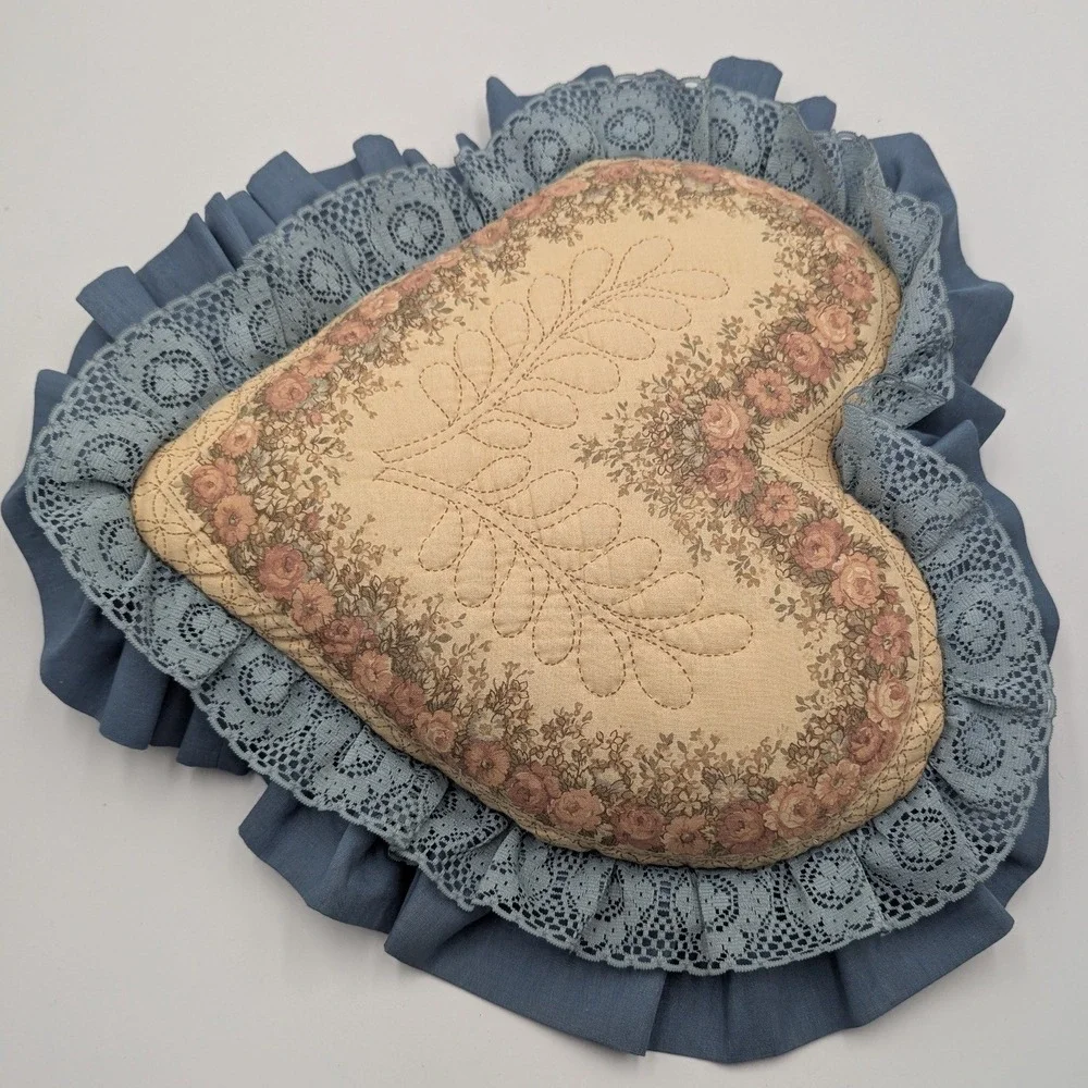 Vintage Cottagecore Heart Throw Pillow Blue Floral Quilted Lace Ruffle 15in 90s